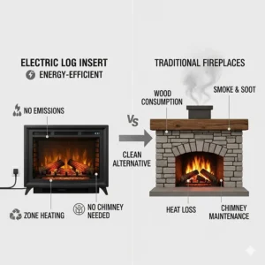 A graphic illustrating how electric log inserts are an energy-efficient and clean alternative to traditional fireplaces.