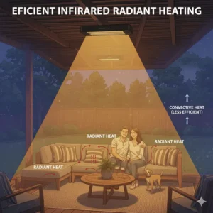 A heat map diagram showing how a ceiling mount infrared heater directs heat to people and objects rather than just warming the air.