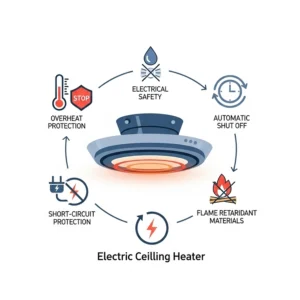 An icon or illustration representing key safety features of electric ceiling heaters, such as automatic shut-off and overheat protection.