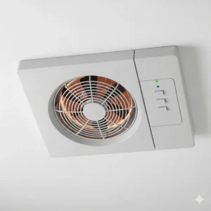 Close-up shot of an electric ceiling heater with an integrated ventilation fan, designed for efficient heating and moisture control in a bathroom.