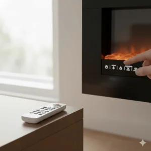 A detailed view of the remote control or touch screen panel for a wall mount electric fireplace, illustrating the easy-to-use functions.