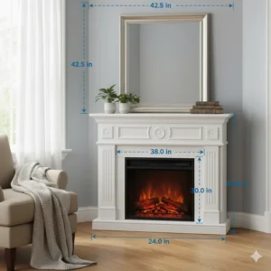 Diagram showing the specific dimensions of a corner electric fireplace unit.