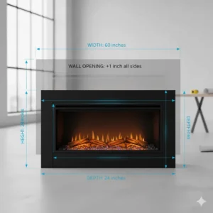 Diagram displaying the dimensions and cutout specifications for a double view electric fireplace insert.