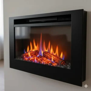 A close-up shot of the realistic, adjustable flame effects on a wall mount electric fireplace, showcasing the vibrant colors and detailed logs.