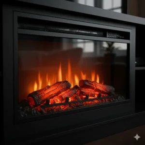 Realistic, adjustable LED flame effect glowing inside the insert of the electric fireplace on the black TV stand.