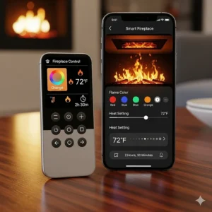 An infographic detailing the energy-efficient heating function of an electric fireplace, including heat output and thermostatic controls.