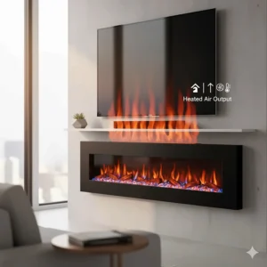 Image highlighting the hidden vent and heat output functionality of a fan-forced electric fireplace.