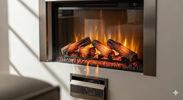 A close-up shot of a fan blower kit designed for an electric fireplace insert, highlighting its compact size and easy installation. electric fireplace insert blower