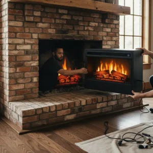 Installing an electric fireplace insert into a traditional rustic brick hearth to convert a wood-burning fireplace to electric.