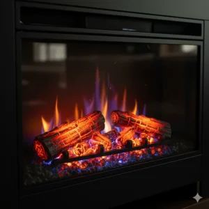 Detailed view of an electric fireplace insert with a glowing LED log set and realistic ember bed.