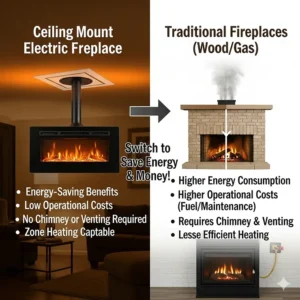 A visual comparison of different log sets and ember beds available for an electric fireplace, from traditional to modern designs.