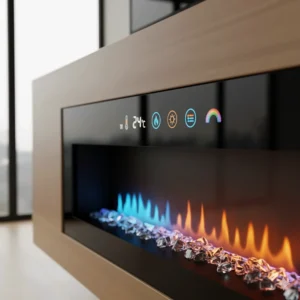 Display showing the customizable flame effects and heat settings on an electric fireplace mantel.