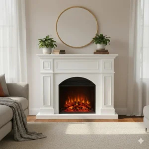 Stunning white electric fireplace mantel with an integrated realistic flame insert.
