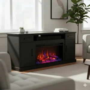 A stylish black electric fireplace media console unit holding a soundbar and decorative items.