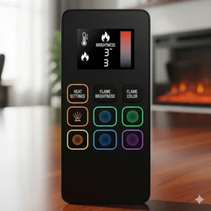 The sleek remote control for a 60-inch electric fireplace, showcasing buttons for adjusting heat, flame brightness, and color.