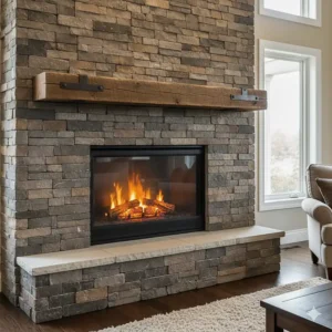 Beautiful built-in rustic electric fireplace with a natural stacked stone surround and a thick reclaimed wood mantel shelf.