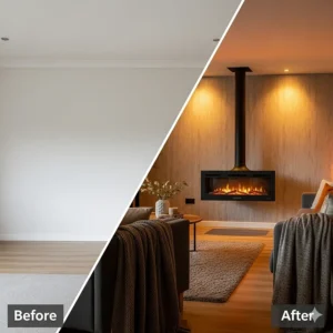 An icon-based illustration showing the key safety features of an electric fireplace, such as cool-to-the-touch glass and automatic shut-off.