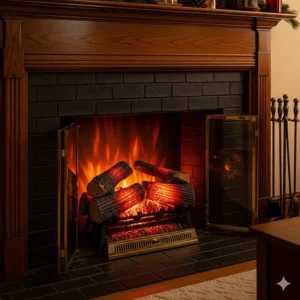 An electric log insert glowing inside a traditional fireplace opening, creating a realistic and warm ambiance.