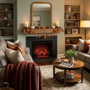 A living room scene with electric logs glowing in a fireplace, decorated with a cozy mantel and seasonal decor.