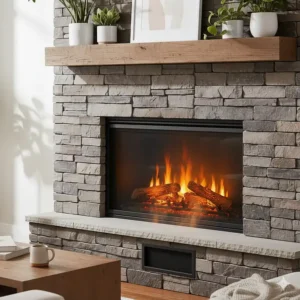 Electric rock fireplace with the heater on, showing the heat vent and glowing embers for warmth and ambiance.