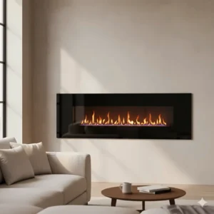 A modern black electric wall fireplace mounted on a light-colored wall with flames flickering realistically.