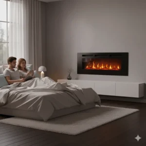An electric wall fireplace is installed in a cozy bedroom, creating a relaxing ambiance.