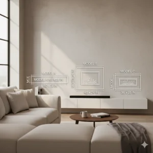 A diagram showing the different dimensions and sizes available for a built-in electric wall fireplace unit.