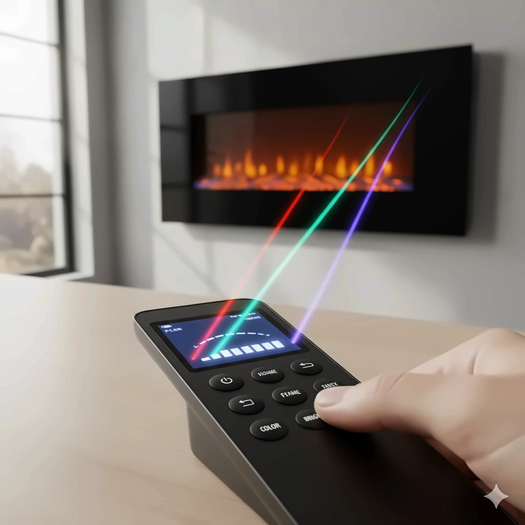 A picture of an electric wall fireplace remote control, highlighting different color and flame brightness settings.