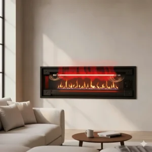 A close-up shot of an electric wall fireplace's heating element, showing it can provide supplemental heat for a room.