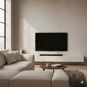 A wide view of a living room with a large electric wall fireplace as the main focal point above the TV.