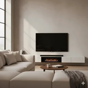 A sleek electric wall fireplace integrated into a modern media console, perfect for an entertainment center.