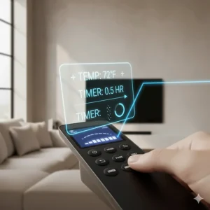 A remote for an electric wall fireplace with buttons for controlling the temperature and timer settings.