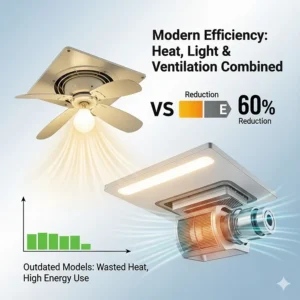 A graphic highlighting the energy savings of an energy-efficient bathroom fan with a heat and light combo, comparing it to older, less efficient models.