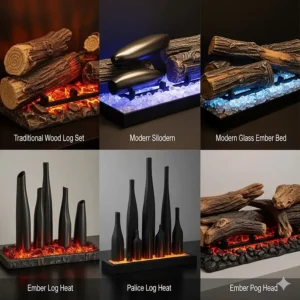 A graphic highlighting the energy-saving benefits and low operational costs of a ceiling mount electric fireplace compared to traditional wood or gas fireplaces.
