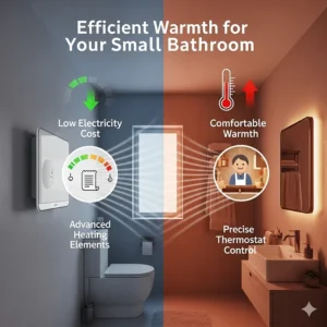 An infographic illustrating the energy efficiency of a modern heater, showing how it provides comfortable warmth in a small bathroom without high electricity costs.