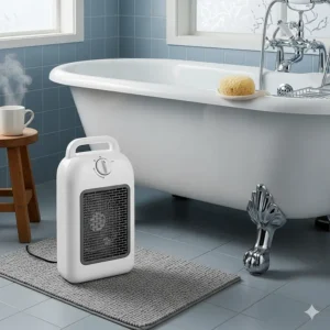 A portable electric fan heater, one of the best bathroom heaters for its rapid heating capability, shown next to a bathtub.