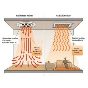 A comparative illustration explaining the difference between a fan-forced ceiling heater and a radiant ceiling heater, outlining their heating methods and best uses.