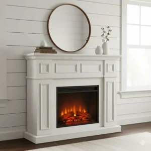 White distressed farmhouse style rustic electric fireplace mantel package against shiplap wall, ideal for modern country decor.