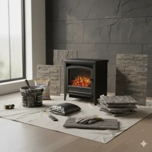 Faux rock electric fireplace materials laid out, including the stone veneer, adhesive, and the electric firebox unit.