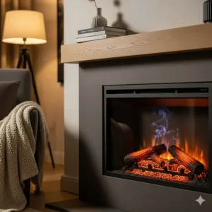 A close-up shot of a cozy living room featuring a modern fireplace with electric log inserts glowing warmly, creating a realistic fire effect.