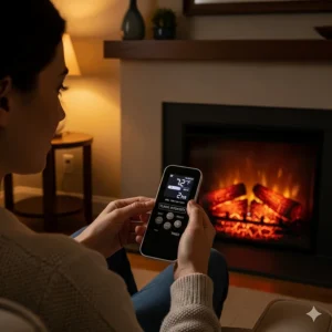 A person using a remote control to adjust the heat, flame intensity, and timer settings on their electric log insert.