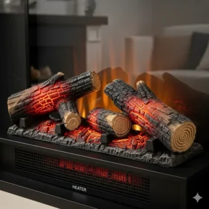 A view of electric fireplace logs that include a built-in heater, providing both visual appeal and warmth.