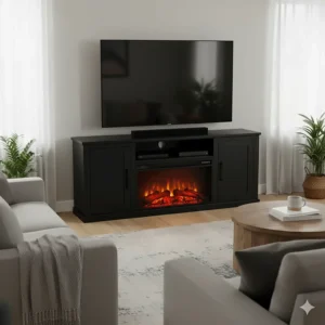 View of the sleek black fireplace TV stand adding warmth and ambiance to a cozy, contemporary living area.