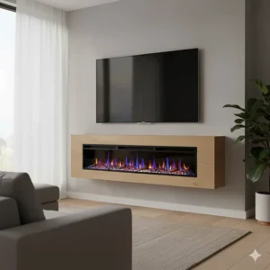 Contemporary floating electric fireplace mantel installed beneath a wall-mounted TV.