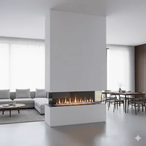 Example of a flush mount electric fireplace beautifully integrated into the wall, offering warmth to two rooms.