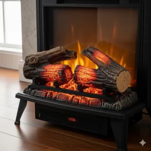 Close-up of a freestanding electric fireplace showing the detailed log set and vibrant, lifelike flames.