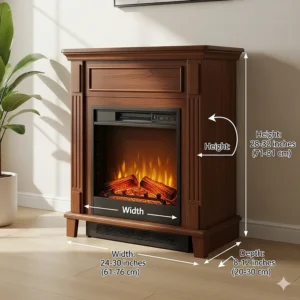 Diagram illustrating the typical dimensions of a freestanding electric fireplace, including height, width, and depth.