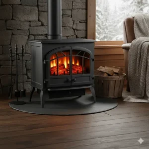 Black freestanding rustic electric fireplace stove providing a traditional, wood-burning look without the mess, perfect for a cabin feel.