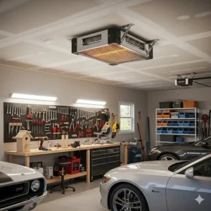 An illustration showing a compact, durable ceiling-mounted heater safely installed in a residential two-car garage, ideal for hobbyists and DIY projects.