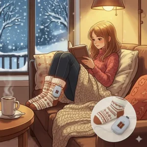A cozy illustration of a girl curled up on a sofa with a book, her feet kept warm by her battery-powered heated socks, perfect for cold winter days inside.